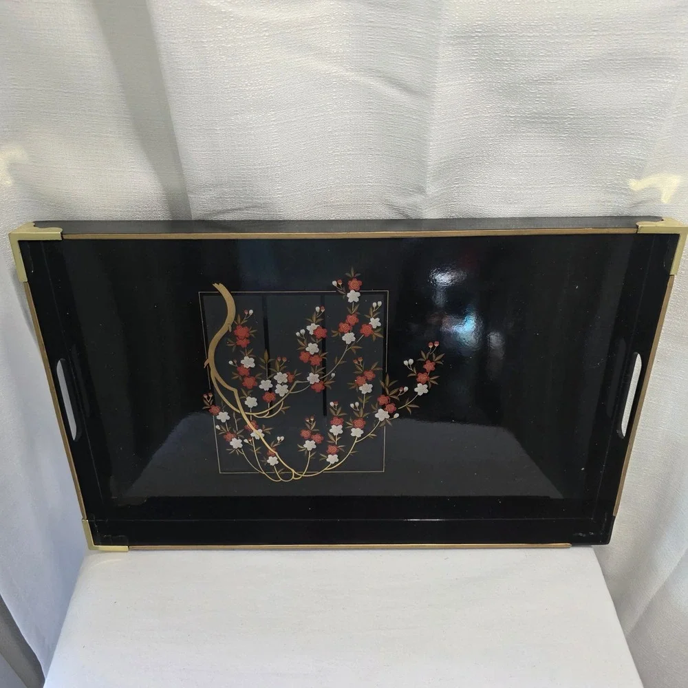 Otagiri Japan Lacquerware Serving Tray Black Cherry Blossom Gold Trim 17in